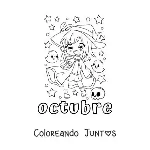 Imagen para colorear de octubre con una niña disfrazada de bruja kawaii de halloween