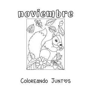 Imagen para colorear de noviembre con una ardilla con hojas de otoño