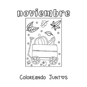 Imagen para colorear de noviembre con una carreta con calabazas de otoño