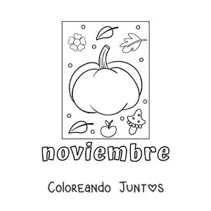 Imagen para colorear de noviembre con una calabaza con hojas de otoño