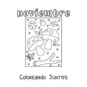 Imagen para colorear de noviembre con hongos y hojas de otoño
