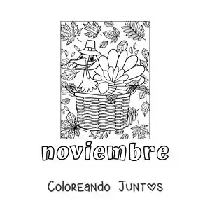 Imagen para colorear de noviembre con un pavo animado de acción de gracias