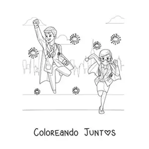 Imagen para colorear de dos médicos superhéroes luchando contra el coronavirus