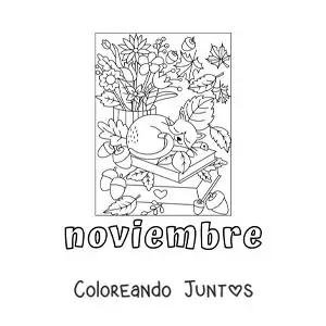 Imagen para colorear de noviembre con un gato durmiendo sobre una pila de libros en otoño