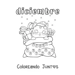 Imagen para colorear de diciembre con un gato animado en una bolsa de regalos