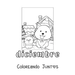 Imagen para colorear de diciembre con un perro y un gato navideños animados