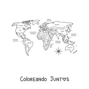 Imagen para colorear de mapamundi político con los nombres de los países