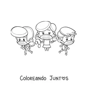 Imagen para colorear de tres doctores kawaii con mascarilla luchando contra el coronavirus