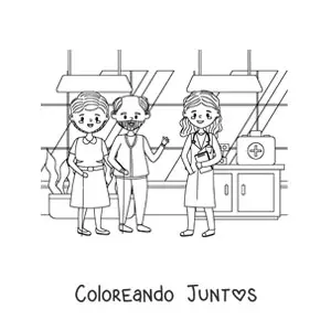 Imagen para colorear de una doctora y dos pacientes mayores en un consultorio médico