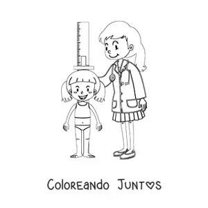 Imagen para colorear de una médico pediatra midiendo la estatura de una niña