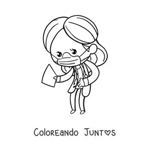 Imagen para colorear de una doctora kawaii con mascarilla y uniforme médico