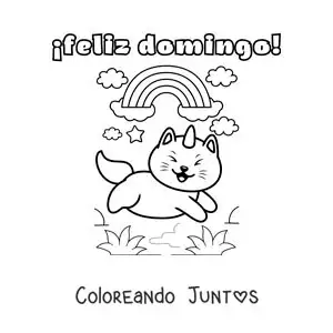 Imagen para colorear de feliz domingo con un gato unicornio kawaii animado y un arcoíris