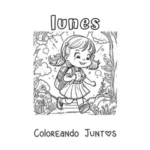 Imagen para colorear del día lunes con una niña caminando a la escuela