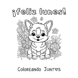 Imagen para colorear de feliz lunes con un perro kawaii animado con flores
