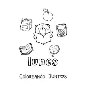 Imagen para colorear del día lunes con útiles escolares y un oso animado estudiando