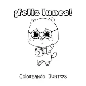 Imagen para colorear de feliz lunes con un gato estudioso kawaii animado