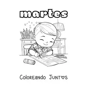 Imagen para colorear del día martes con un niño haciendo tarea