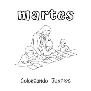 Imagen para colorear del día martes con unos niños en clase con la maestra