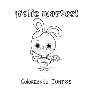 Imagen para colorear de feliz martes con un conejo pintor kawaii animado