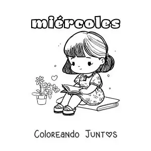Imagen para colorear del día miércoles con una niña kawaii leyendo un libro