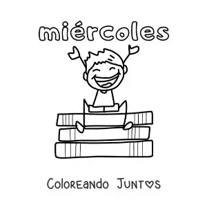 Imagen para colorear del día miércoles con un niño feliz sentado sobre unos libros