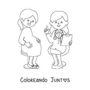 Imagen para colorear de una médico ginecólogo con una paciente embarazada kawaii