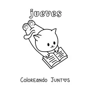 Imagen para colorear del día jueves con un gato animado leyendo un libro