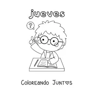 Imagen para colorear del día jueves con un niño levantando la mano en clase