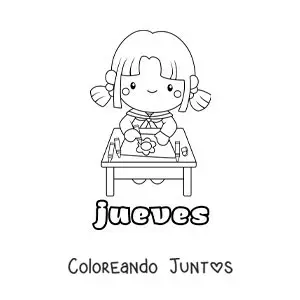 Imagen para colorear del día jueves con una niña coloreando en clase