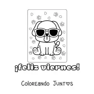 Imagen para colorear de feliz viernes con un pug animado kawaii