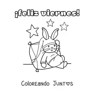 Imagen para colorear de feliz viernes con un conejo animado durmiendo en pijamas