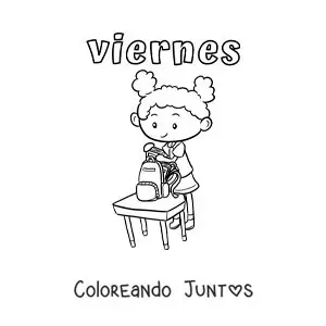 Imagen para colorear del día viernes con una niña guardando sus útiles después de clase