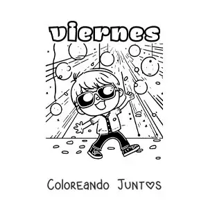 Imagen para colorear del día viernes con un niño bailando en una fiesta