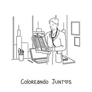 Imagen para colorear de una médico viendo unos rayos x en un consultorio
