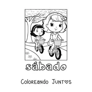 Imagen para colorear del día sábado con dos niñas manejando bicicleta en el parque
