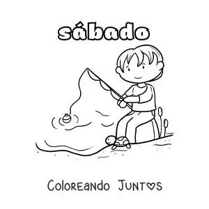 Imagen para colorear del día sábado con un niño pescando en un lago
