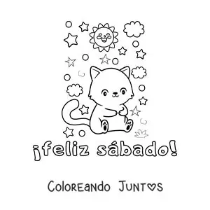 Imagen para colorear de feliz sábado con un gato animado