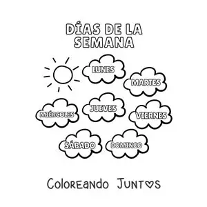 Imagen para colorear de nubes con los días de la semana para niños