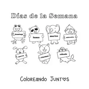 Imagen para colorear de animales animados con los días de la semana para niños