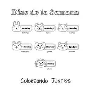 Imagen para colorear de fichas con los días de la semana en inglés y español