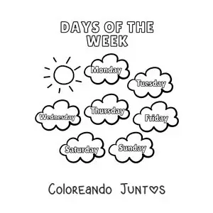 Imagen para colorear de nubes con los días de la semana en inglés