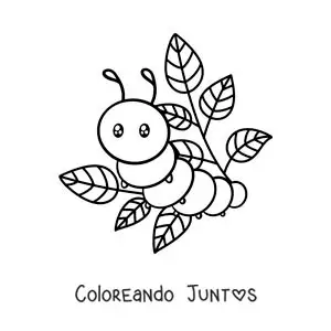 Imagen para colorear de una oruga kawaii con hojas