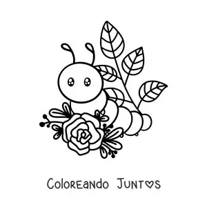 Imagen para colorear de una oruga kawaii con hojas y flores