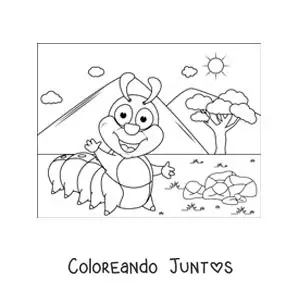 Imagen para colorear de una oruga animada sonriente en el campo