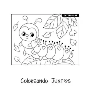 Imagen para colorear de una oruga animada bonita en una hoja