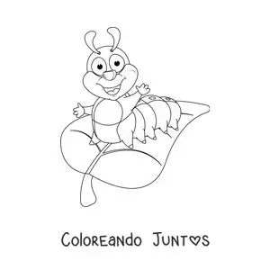 Imagen para colorear de una oruga sonriente en una hoja en caricatura
