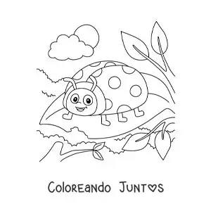 Imagen para colorear de una mariquita animada comiendo una hoja
