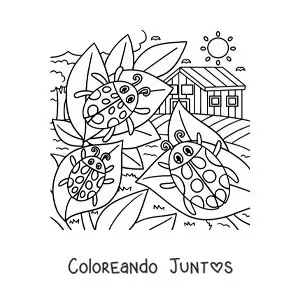 Imagen para colorear de mariquitas animadas en un jardín