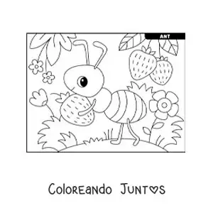 Imagen para colorear de una hormiga kawaii trabajando recogiendo fresas