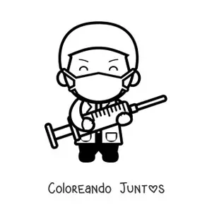 Imagen para colorear de un doctor kawaii con mascarilla sosteniendo una jeringa